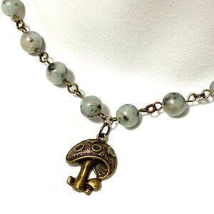Genuine Light Teal Kiwi Jasper Short Necklace, Gemstone & Bronze Round Mushroom